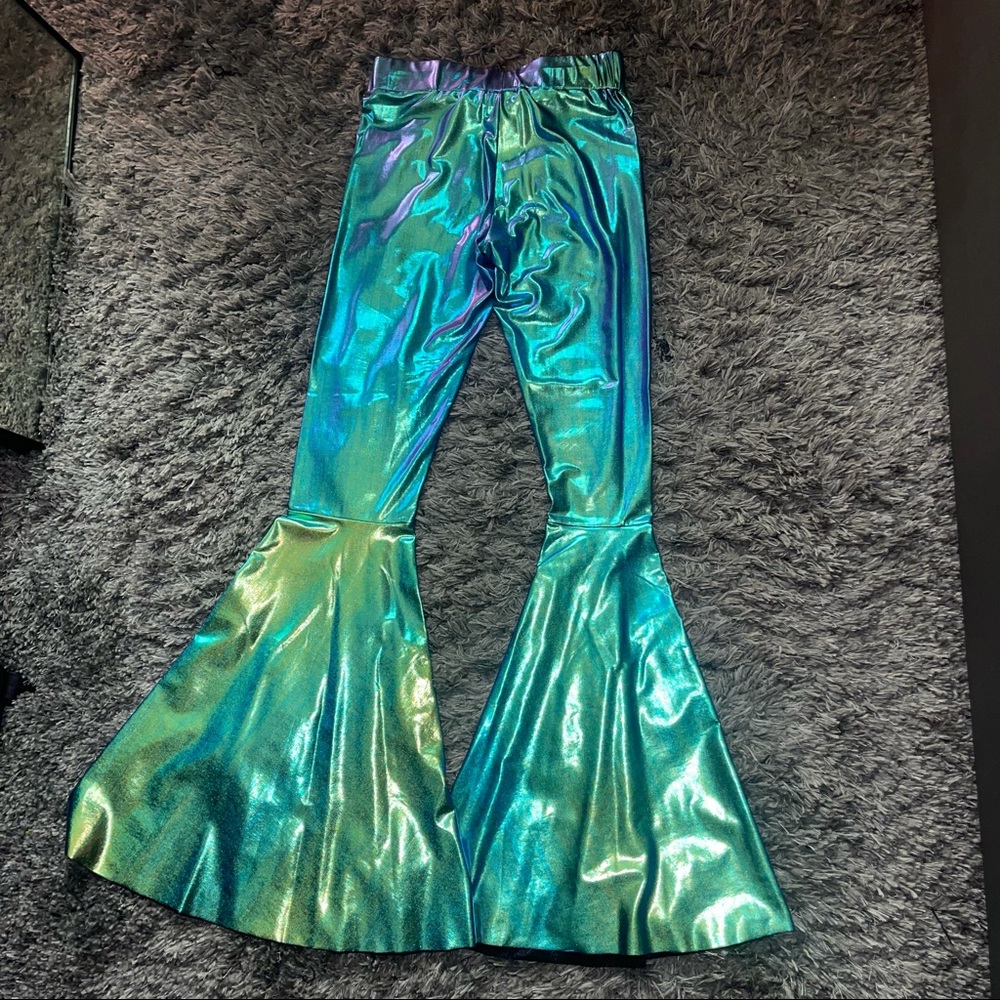 Metallic blue bell bottoms